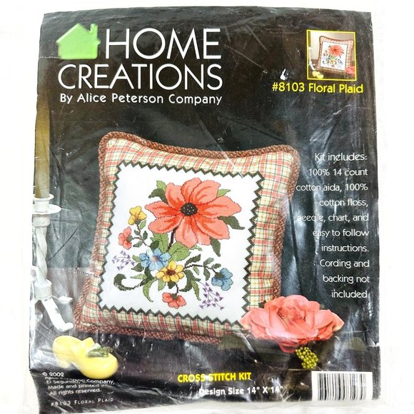 Home Creations Floral Plaid Cross Stitch Kit - Vintage 2002 - Picture 1 of 6